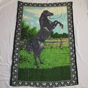 Vtg ATC Horse Tapestry Black Stallion Velvet Wall Hanging Equine Decor 56" x 40"